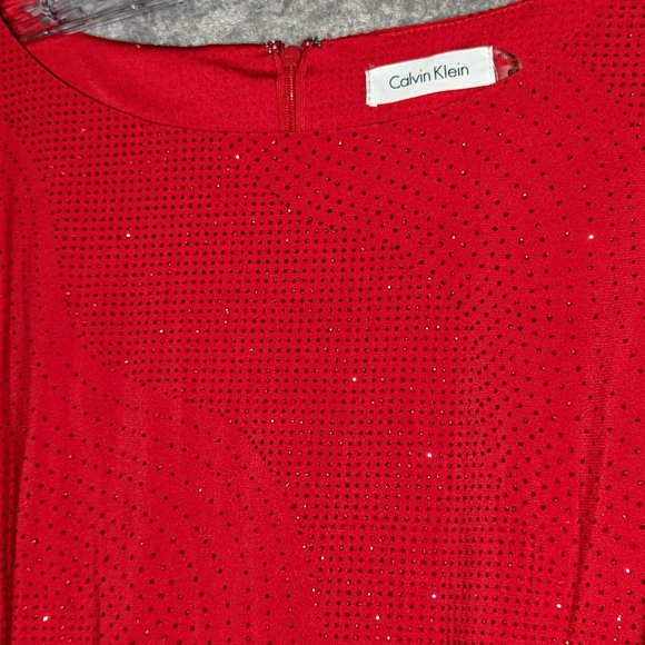 Calvin Klein red sequin scoop neck split bell sleeve red belted dress - Picture 3 of 16